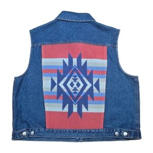 PENDLETON Denim Wool Vest AZTEC Navajo Blanket Jacket Vtg Western Womens XL